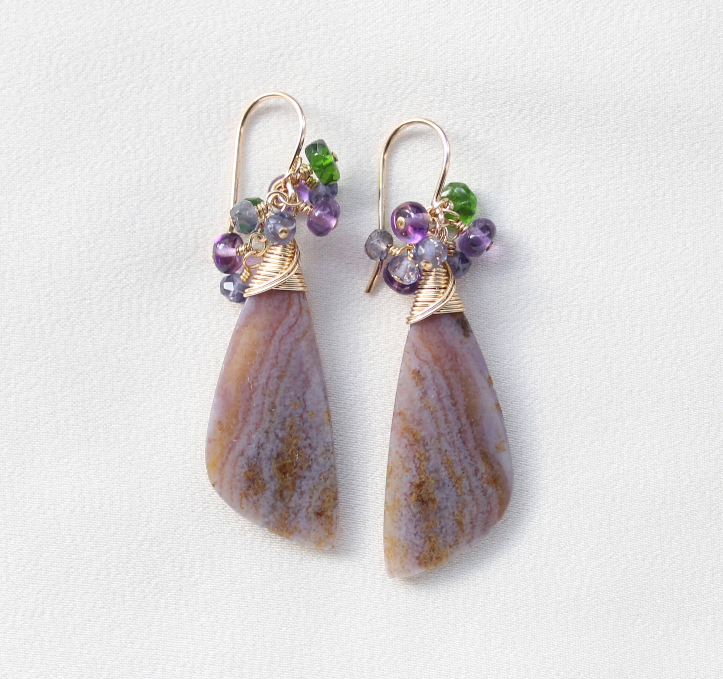 Purple Petrified Wood Earrings: 14k Gold Filled, Unique Stone Statement Earrings