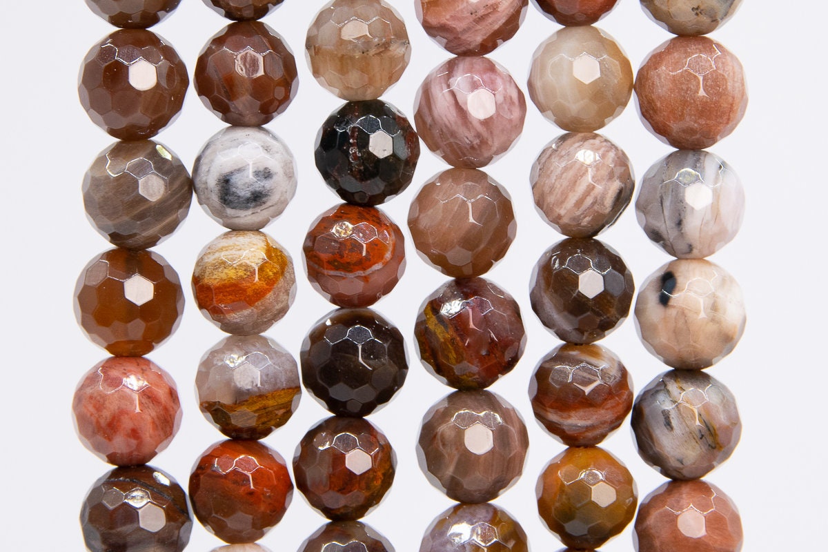 Genuine Natural Petrified Wood Jasper Gemstone Beads 8mm Brown Micro Faceted Round Aaa Quality Loose Beads (109955)