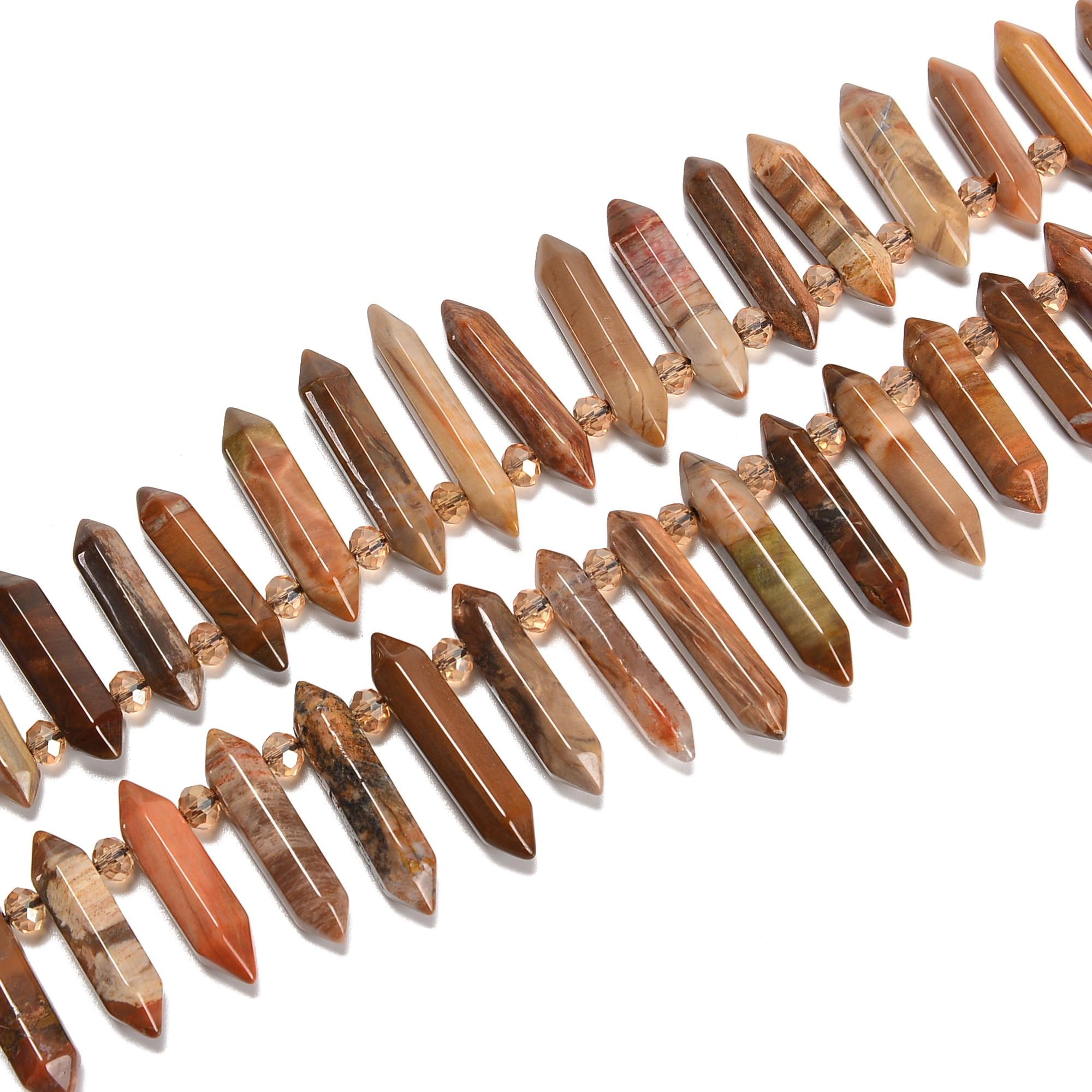 Petrified Wood Graduated Top Drill Faceted Points Size 8x25-8x35mm 15.5'' Strand Petrified Wood Graduated Top Drill Faceted Points Size 8x25-8x35mm 15.5'' Strand