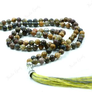 Petrified Wood Mala Necklace 108 Beads Hand Knotted - Ancient Wisdom Prayer Beads - Grounding Yoga Jewelry - Earthy Fossil Meditation Gift