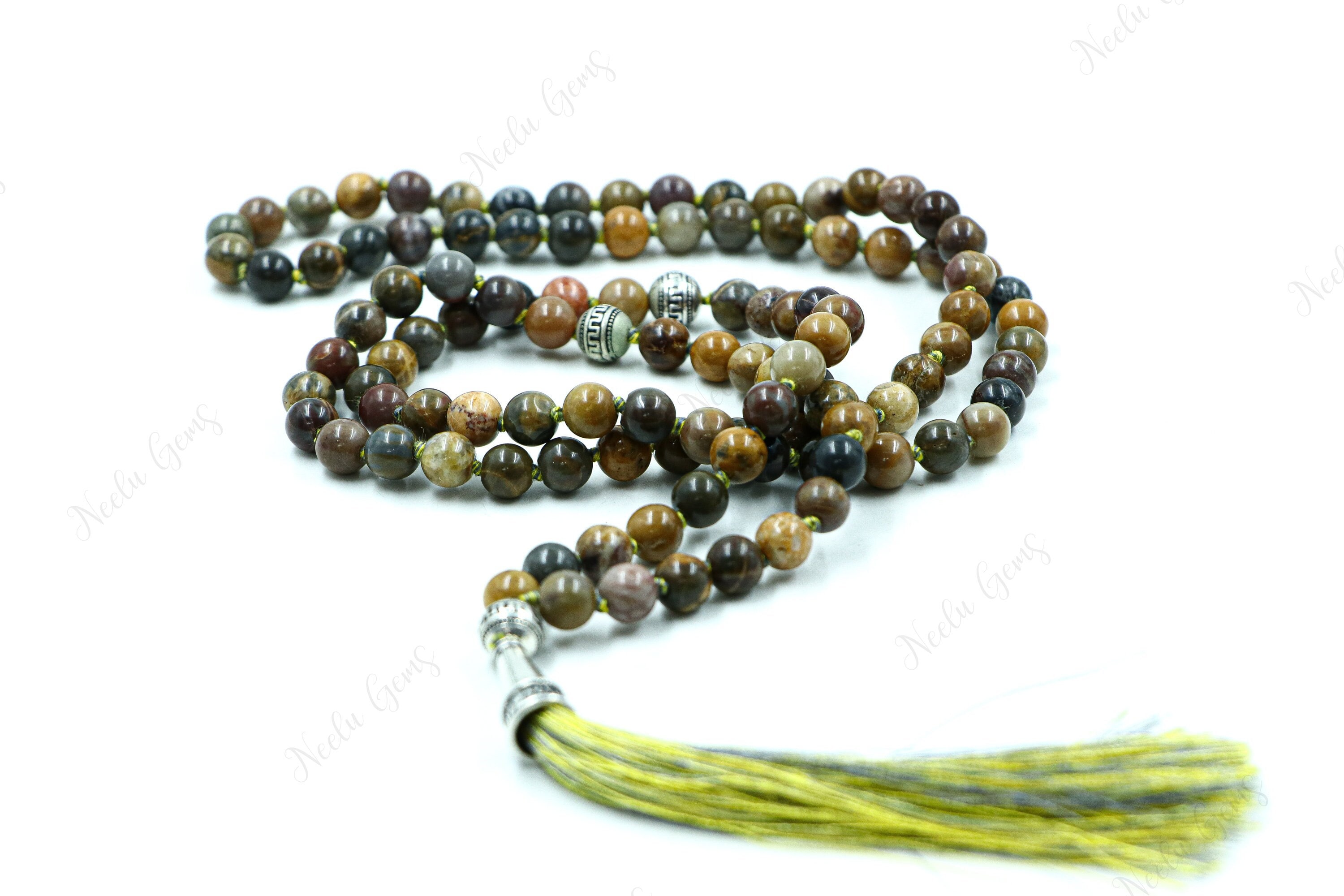 Petrified Wood Mala Necklace 108 Beads Hand Knotted - Ancient Wisdom Prayer Beads - Grounding Yoga Jewelry - Earthy Fossil Meditation Gift