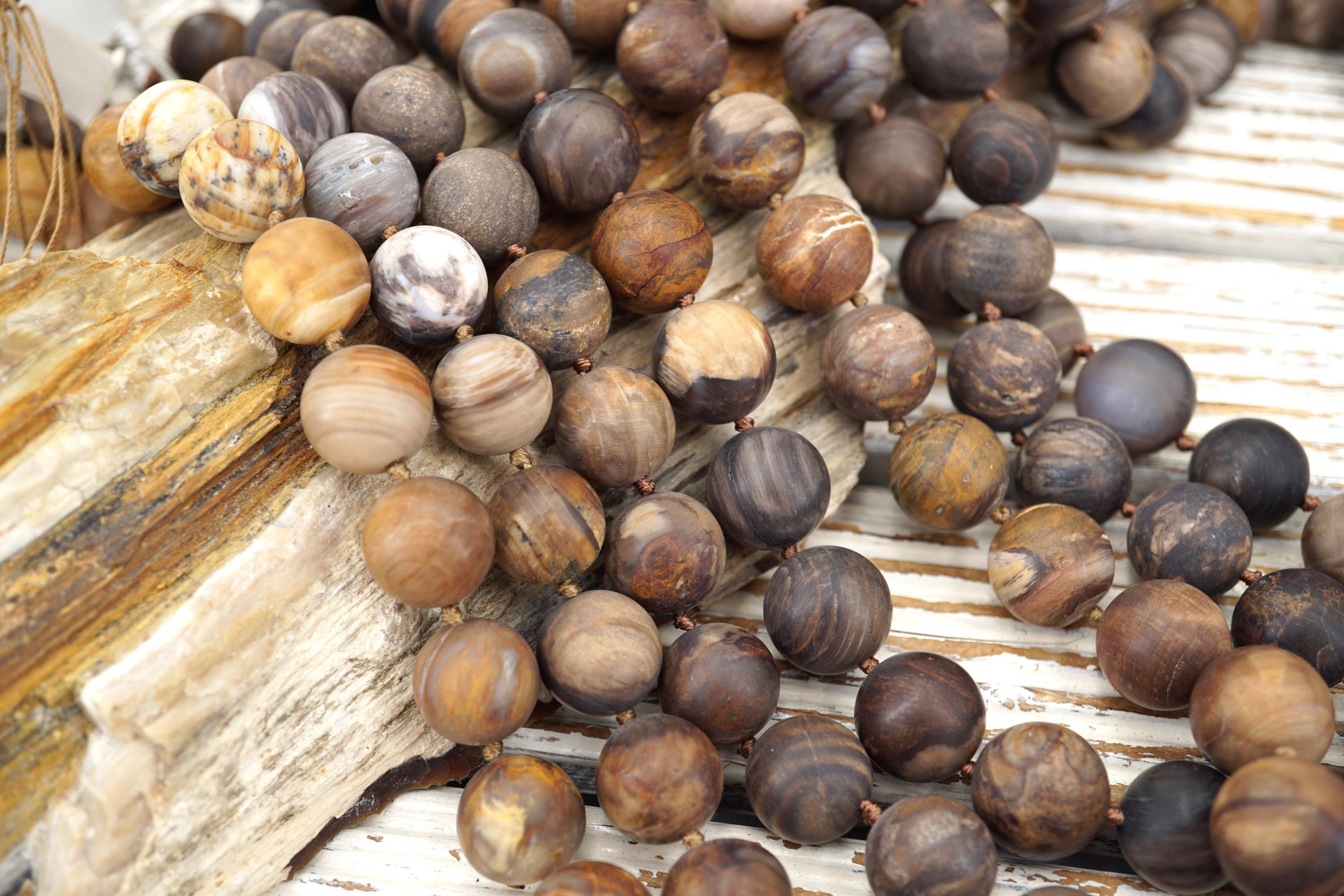 Matte Petrified Wood Beads, Round Gemstone Necklace Wood Fossil Matte Petrified Wood Beads, Round Gemstone Necklace Wood Fossil