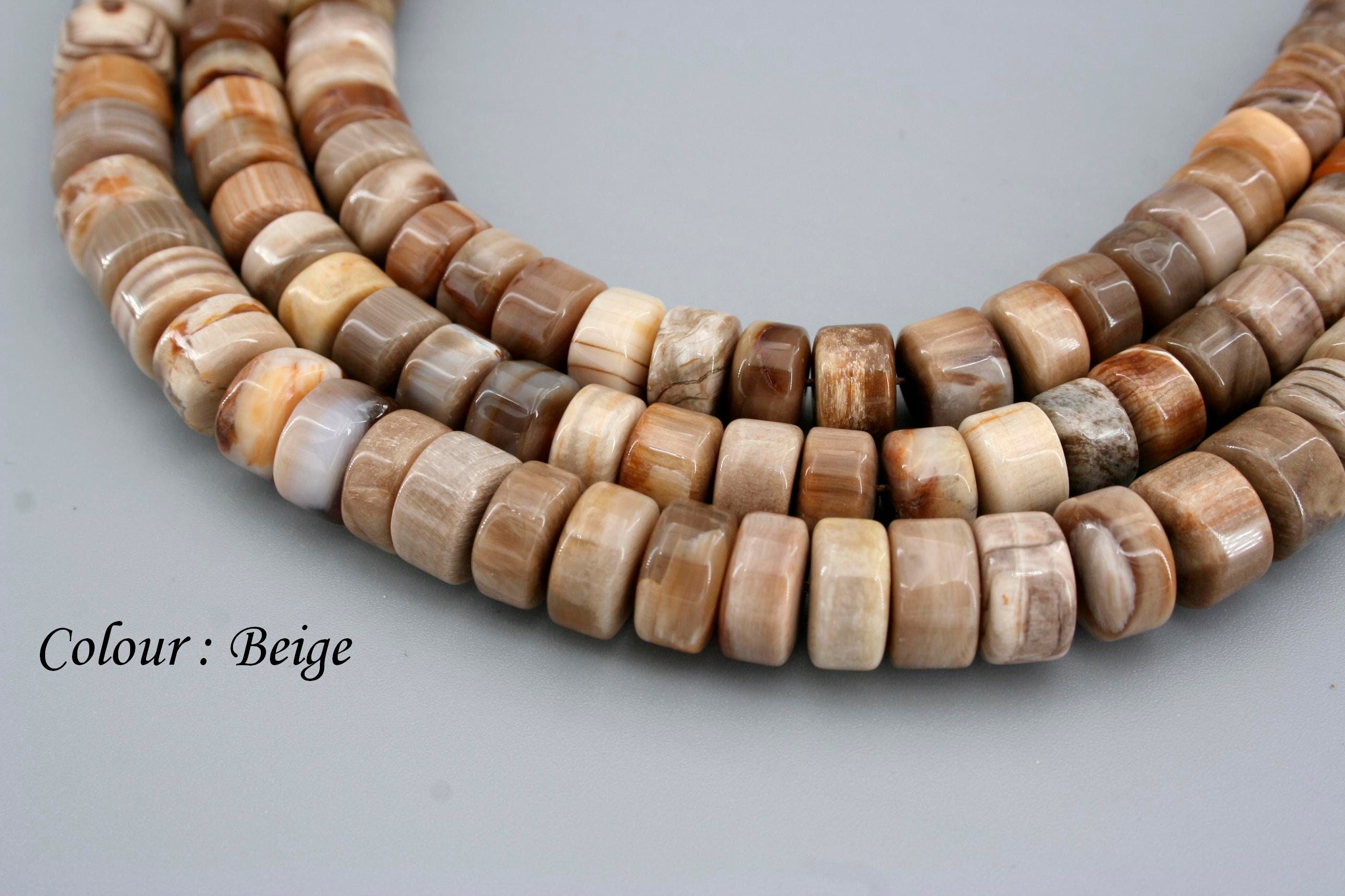 Petrified Wood Opalite Rondelle Beads, Beige Gemstone Necklace (7.5-12mm)