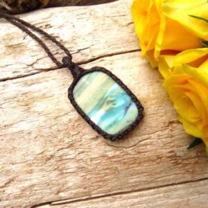 Rare Opalized Petrified Wood Gemstone Necklace, Macrame Gemstone Necklace, Macrame Jewelry, Native Copper, Blue Opal, Mininalmist Necklace