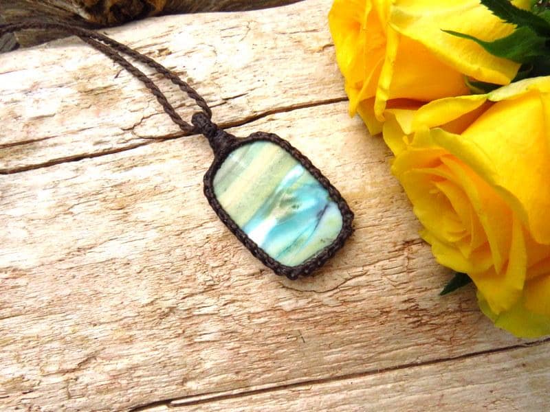 Rare Opalized Petrified Wood Gemstone Necklace, Macrame Gemstone Necklace, Macrame Jewelry, Native Copper, Blue Opal, Mininalmist Necklace