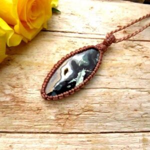Rare Opalized Petrified Wood Gemstone Necklace, Macrame Gemstone Necklace, Macrame Jewelry, Native Copper, Blue Opal, Mininalmist Necklace