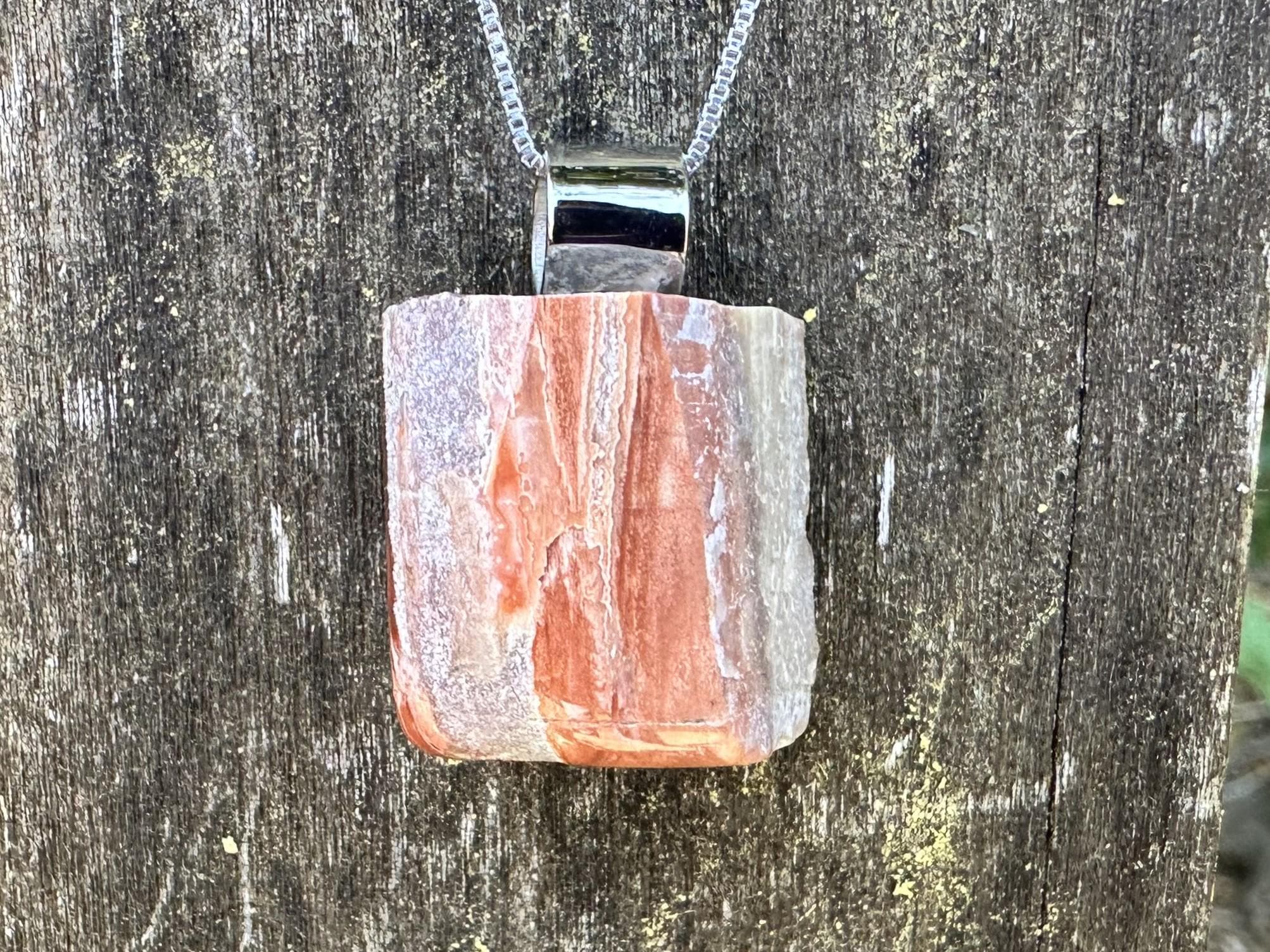 Small Unisex Petrified Wood, Stainless Steel Healing Stone Necklace!