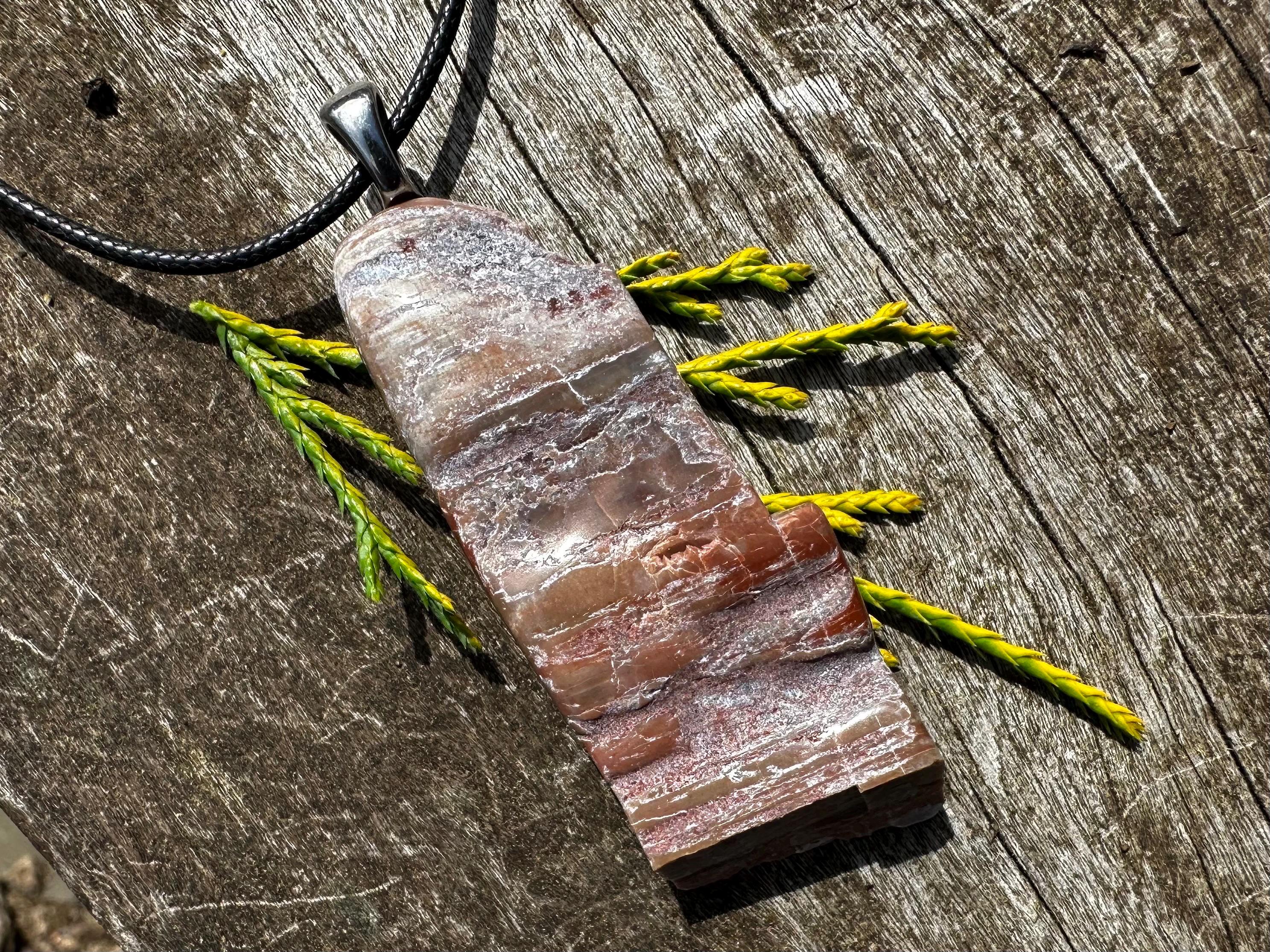 Unisex Petrified Wood, Stainless Steel Healing Stone Necklace!