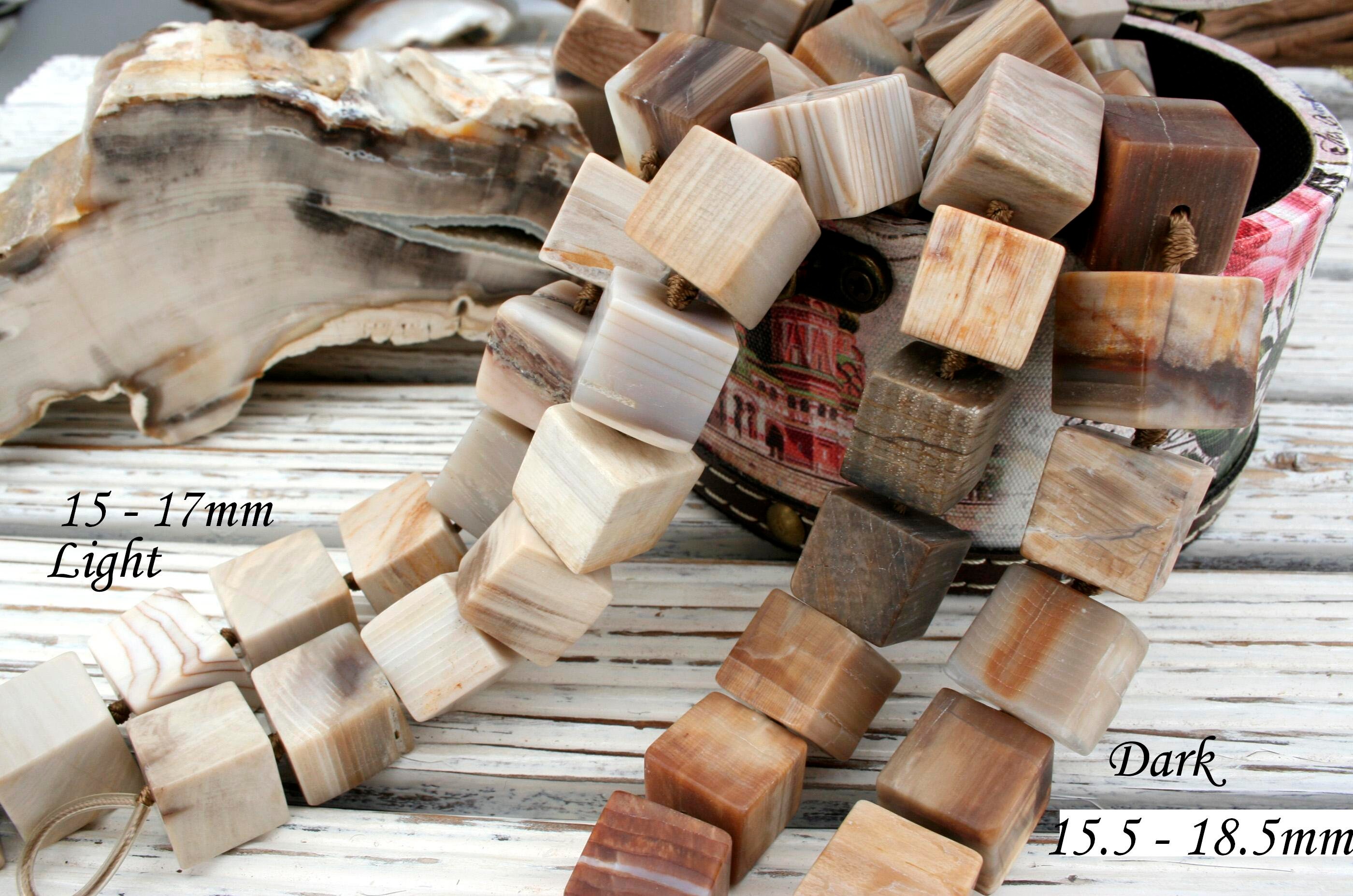 Matte Petrified Wood Cube Beads 15-19.5mm, Wood Fossil Matte Petrified Wood Cube Beads 15-19.5mm, Wood Fossil