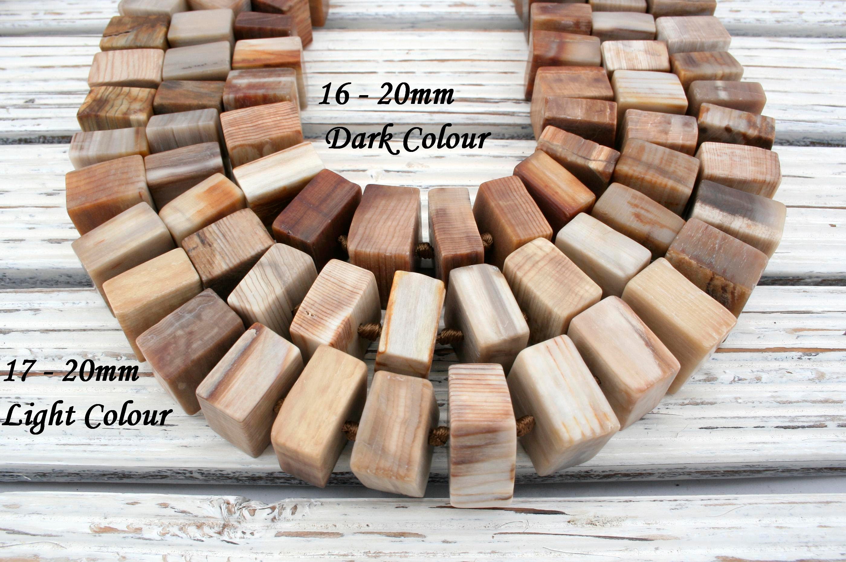 Matte Petrified Wood Cube Beads, 16-inch Gemstone Necklace