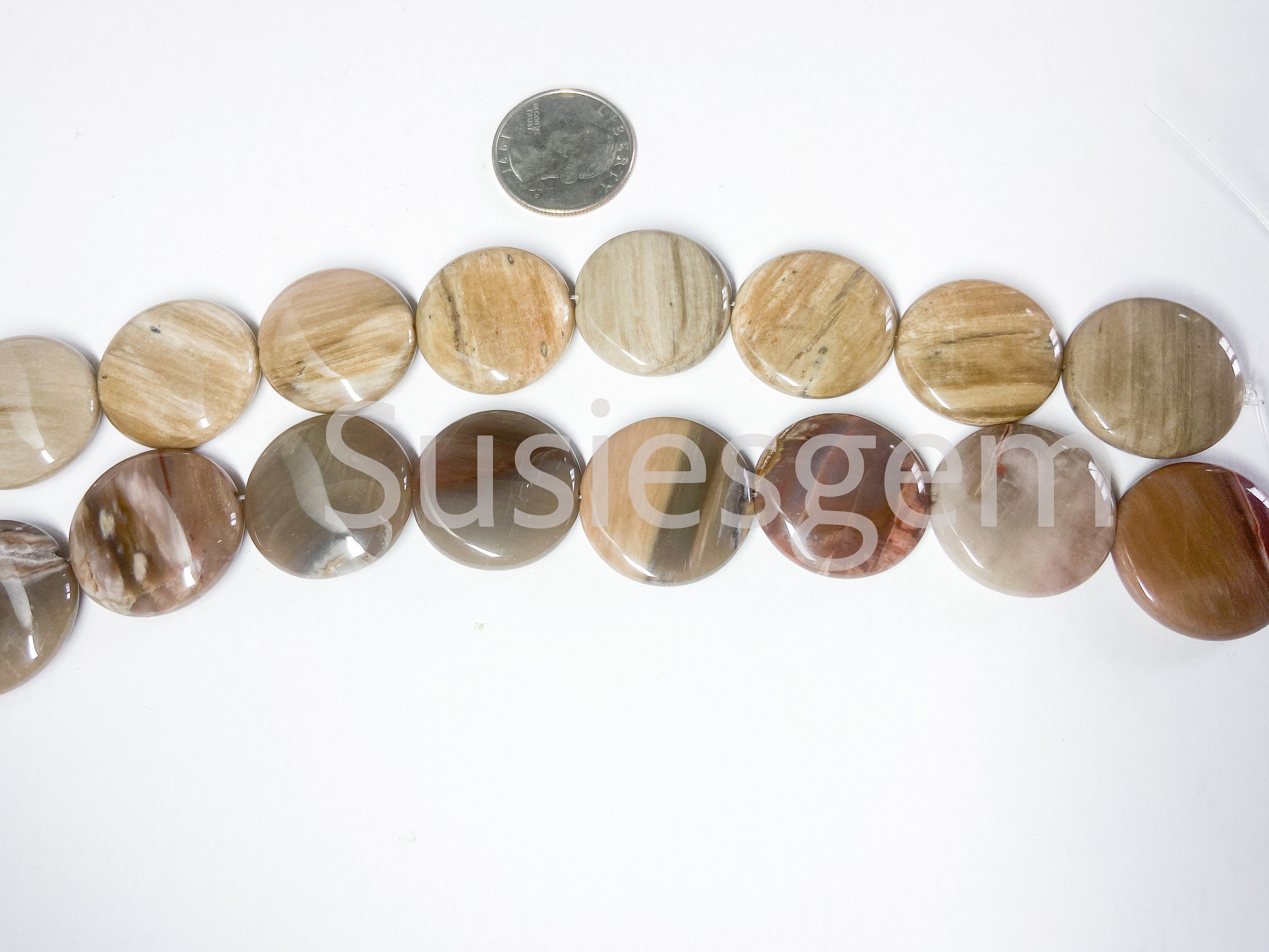 Natural Petrified Wood Fossil Coin Beads 25mm. Natural Gemstone. Half Strand 7.75'' 8 Beads