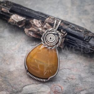 Arizona Yellow Petrified Wood Agatized Gemstone, Oxidized Sterling Silver Wire Wrapped Pendant
