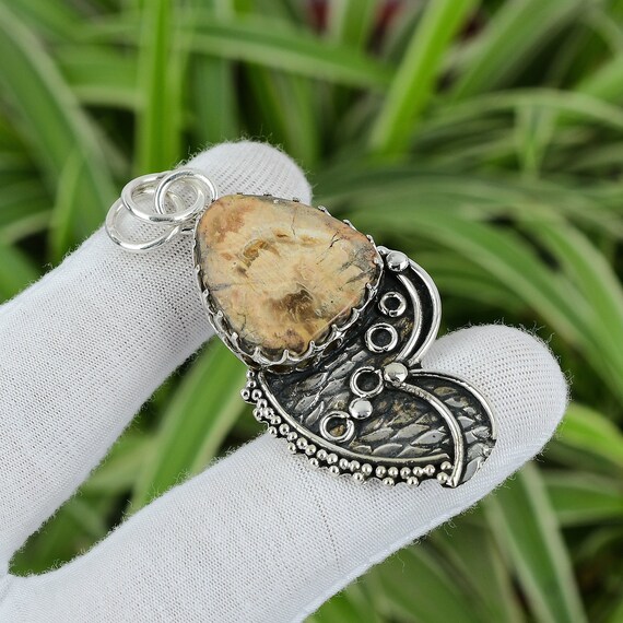 Handmade Petrified Wood Pendant: 925 Sterling Silver Gemstone Jewelry Handmade Petrified Wood Pendant: 925 Sterling Silver Gemstone Jewelry
