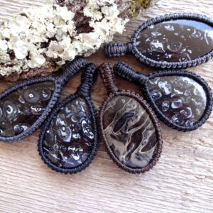 Indonesian Black Fossilized Palm Root Macrame Necklace, Petrified Wood Gemstone Pendants, Coworker Gift, Mens Protection Pendant