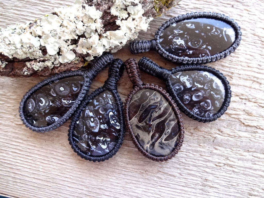 Indonesian Black Fossilized Palm Root Macrame Necklace, Petrified Wood Gemstone Pendants, Coworker Gift, Mens Protection Pendant Indonesian Black Fossilized Palm Root Macrame Necklace, Petrified Wood Gemstone Pendants, Coworker Gift, Mens Protection Pendant