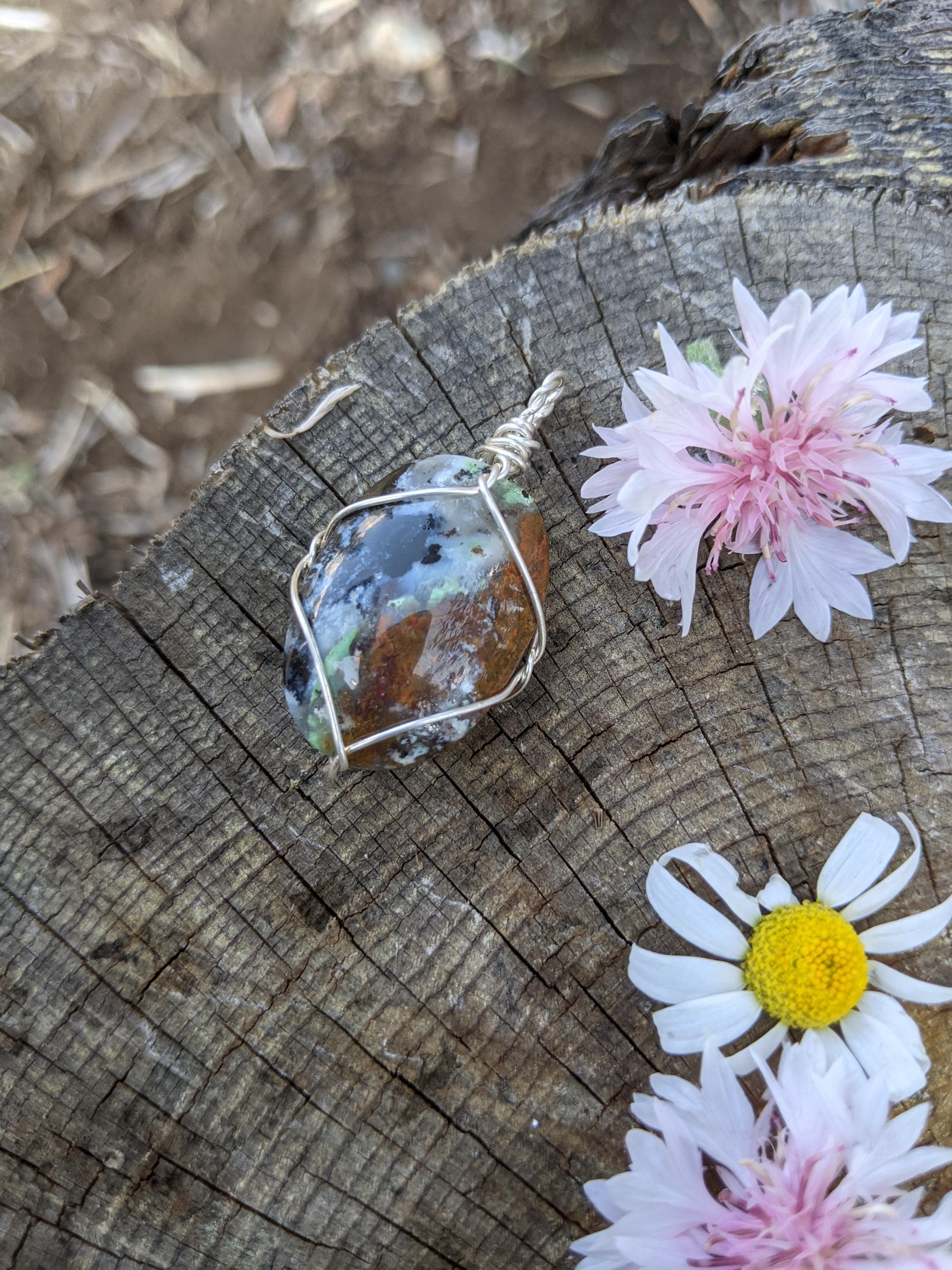 Natural Opal Wood Pendant, Fine Silver Petrified Wood Pendant, Petrified Wood Crystal Pendant, Opal Wood Crystal Pendant, Natural Opal Wood