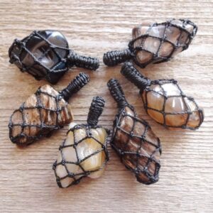 Petrified Wood Stone Necklace, Root Chakra Macrame Pendant, Grounding Stone