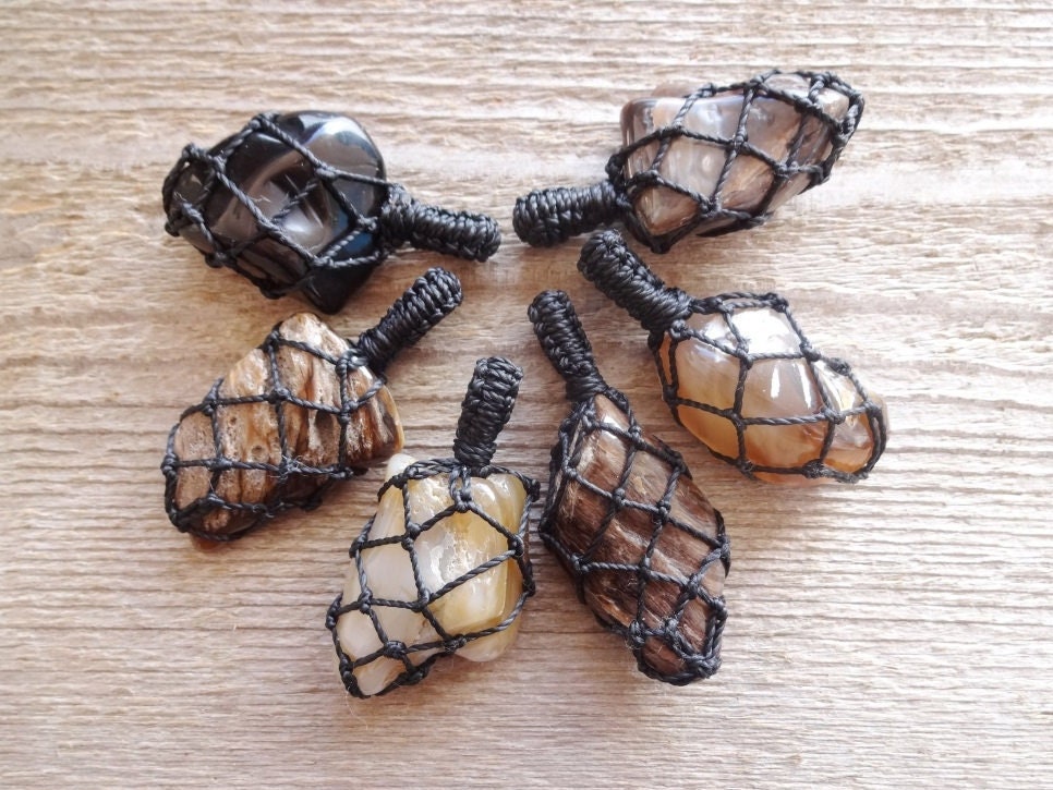 Petrified Wood Stone Necklace, Root Chakra Macrame Pendant, Grounding Stone