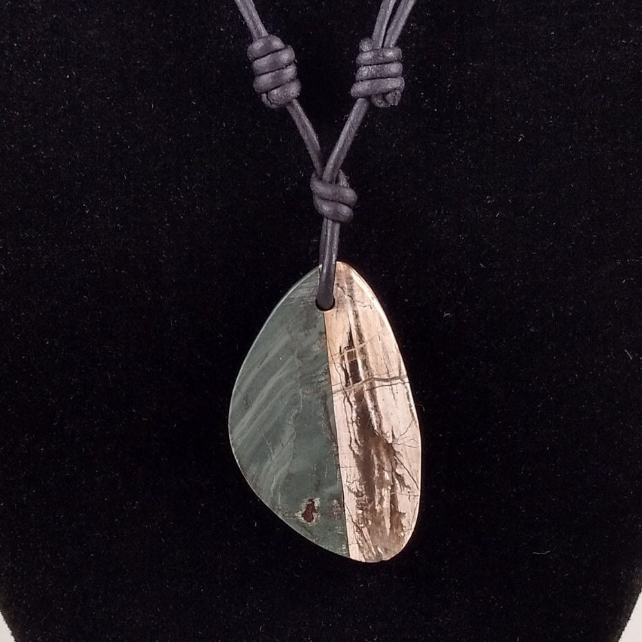 Strawberry Hill Jasper And Petrified Wood Pendant Adjustable Leather Necklace Handmade By Chris Hay