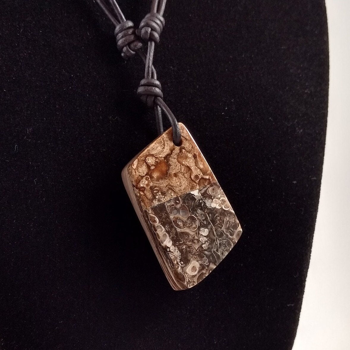 Stromatolite, Turritella, And Petrified Wood Pendant Adjustable Leather Necklace Handmade By Chris Hay Stromatolite, Turritella, And Petrified Wood Pendant Adjustable Leather Necklace Handmade By Chris Hay