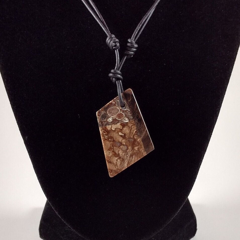 Stromatolite, Turritella, And Petrified Wood Pendant Adjustable Leather Necklace Handmade By Chris Hay Stromatolite, Turritella, And Petrified Wood Pendant Adjustable Leather Necklace Handmade By Chris Hay