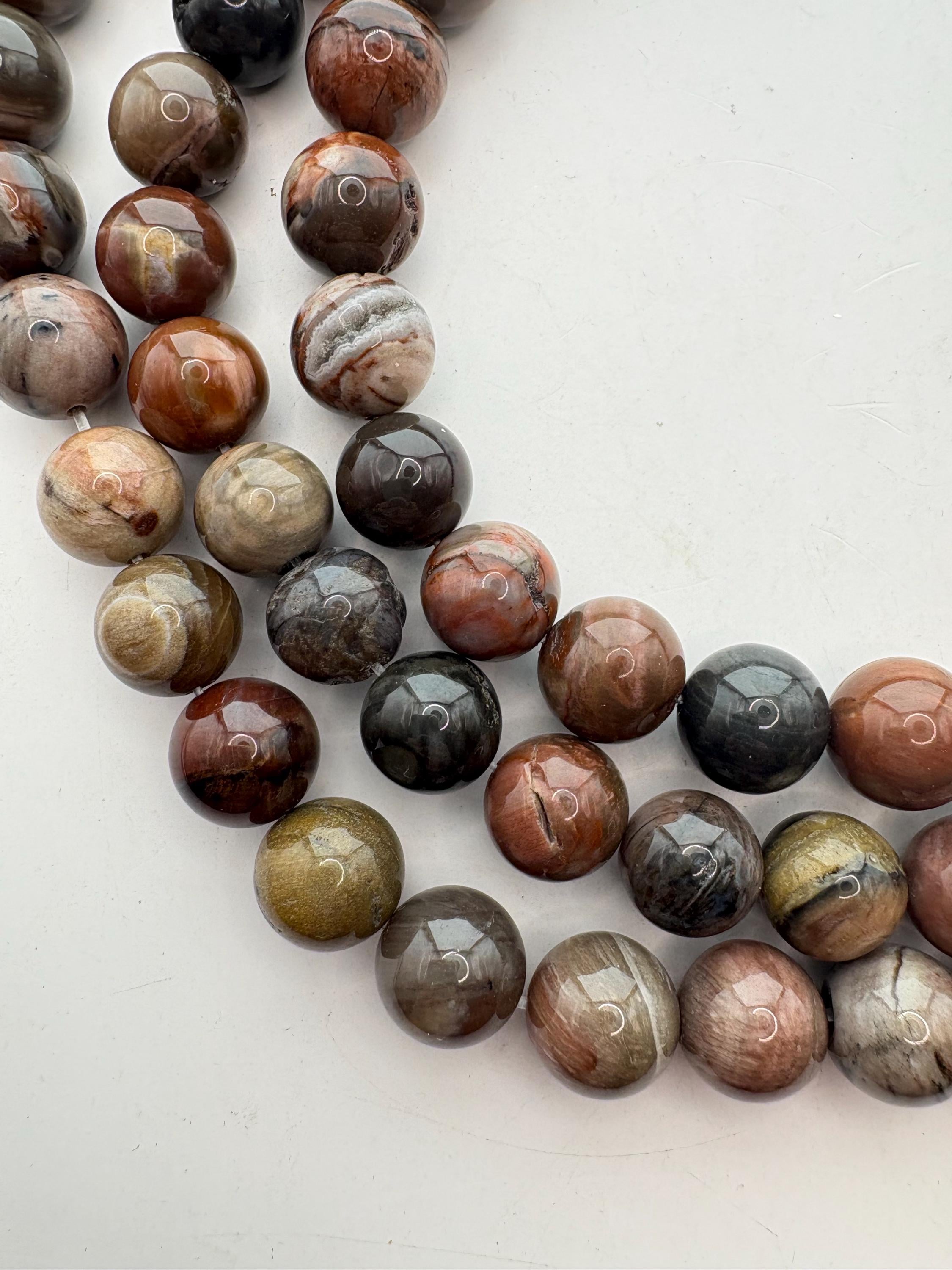12mm Round Petrified Wood Beads. 15” Strand Of Earth Tone Beads, 33 Per Strand. Wooden Agate Beads.