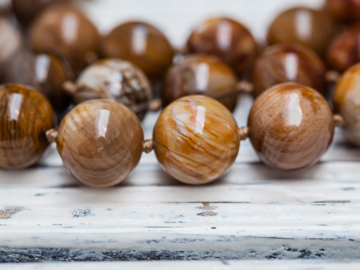 Polished Petrified Wood Round Beads 12.5-14mm, Wood Fossil Polished Petrified Wood Round Beads 12.5-14mm, Wood Fossil