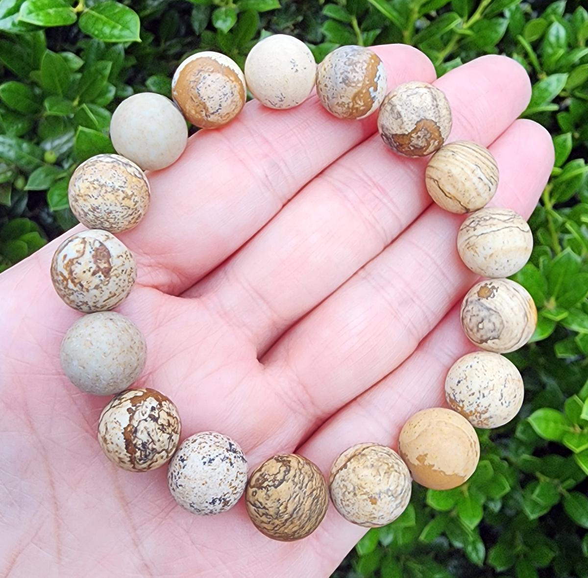 Picture Jasper Gemstone Beaded Bracelet, 12mm Gemstone Bracelet, Stretchy Bracelet, Chunky Bracelet, Light Brown Bracelet, Matte Gemstones