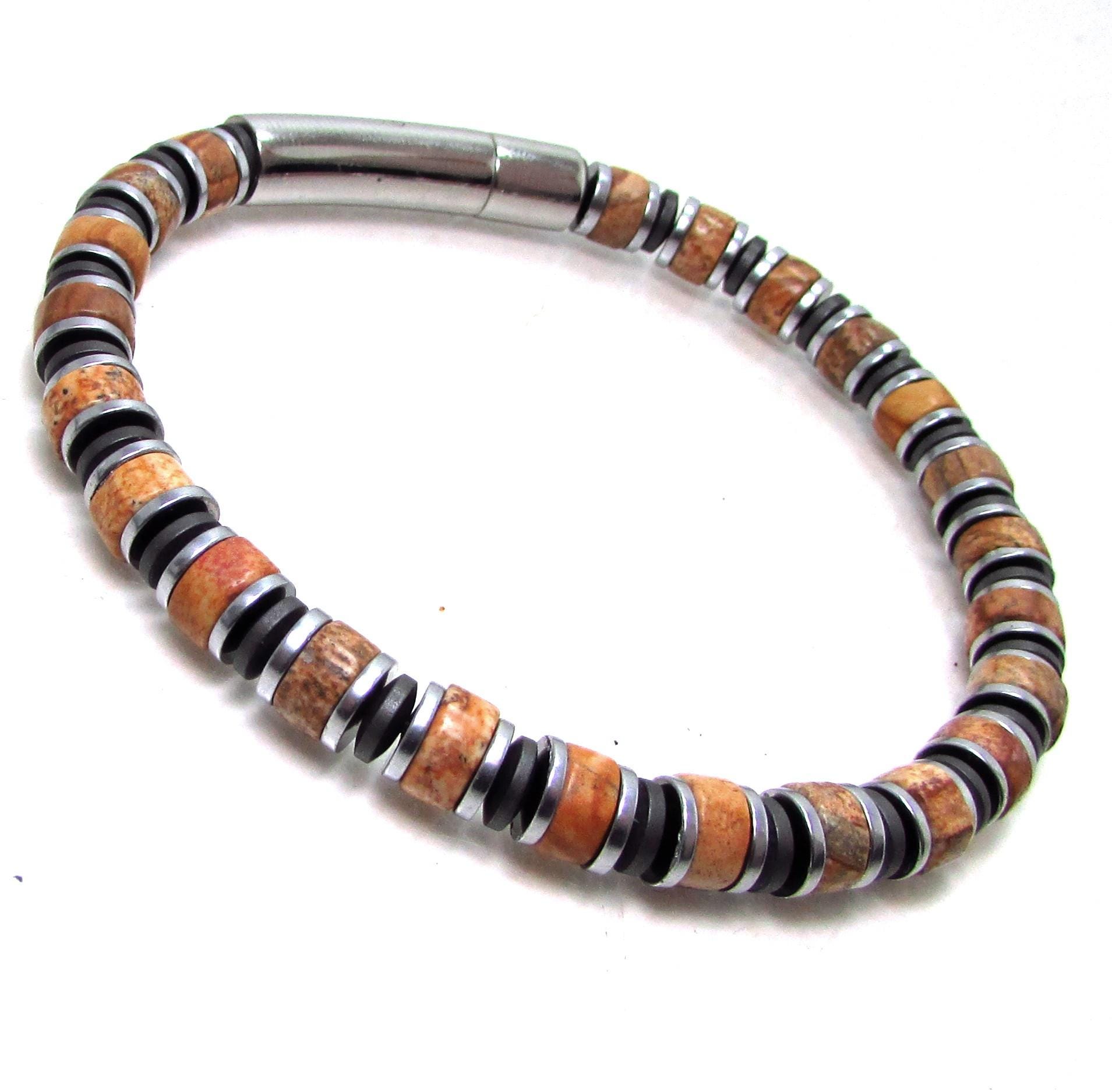 Picture Jasper Gemstone Bracelet With Clasp For Men, Natural Gemstone Mens Beaded Bracelet With Stainless Steel, Mia Patrino Bracelet 6mm