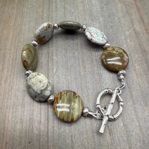 Handmade Wild Horse Picture Jasper Large Coin Bead Toggle Clasp Bracelet With Silver Finish Accents - Size 7