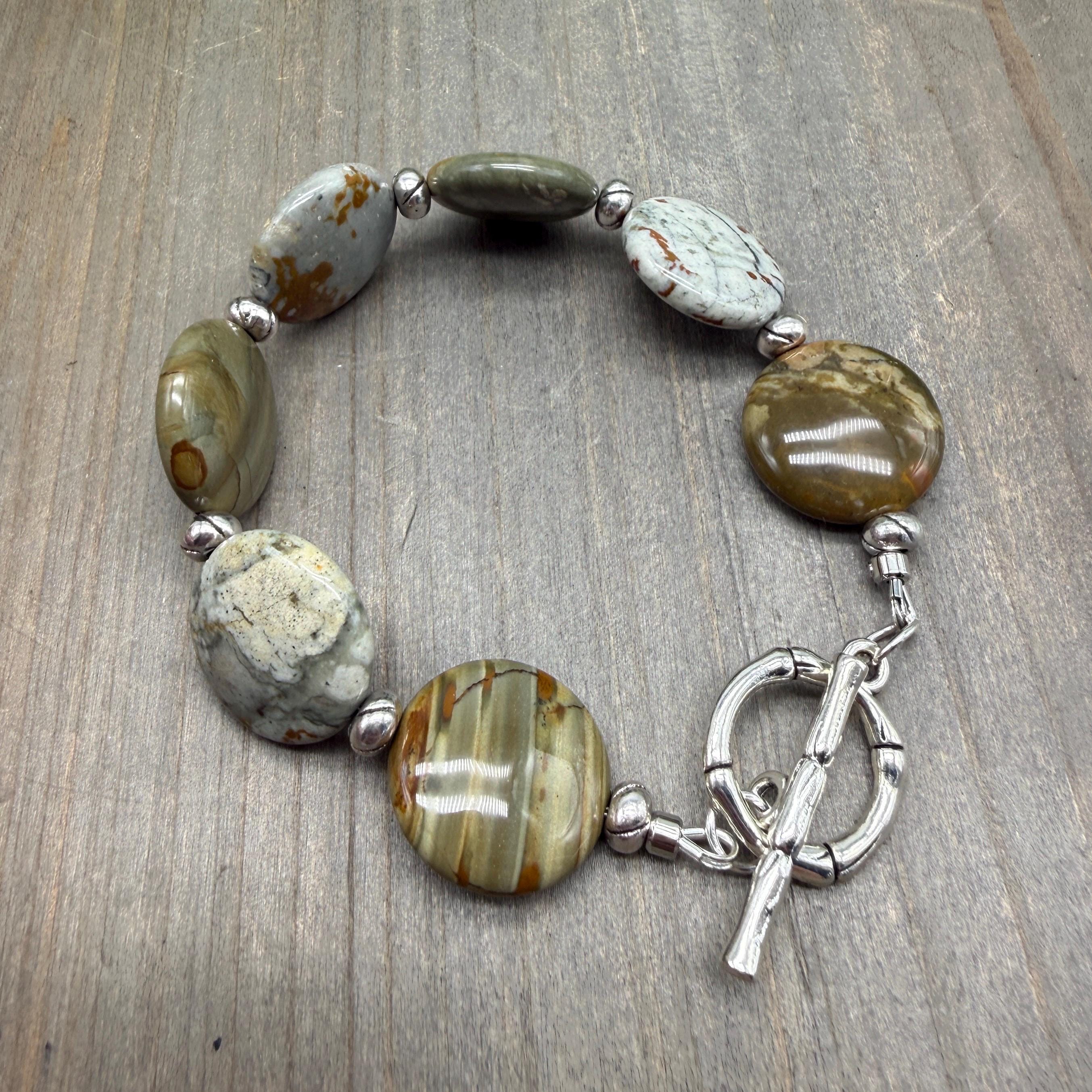 Handmade Wild Horse Picture Jasper Large Coin Bead Toggle Clasp Bracelet With Silver Finish Accents - Size 7