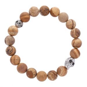 Picture Jasper Bracelet W/ Silver Skull Matte Round Size 10mm 7.5" Length Picture Jasper Bracelet W/ Silver Skull Matte Round Size 10mm 7.5" Length