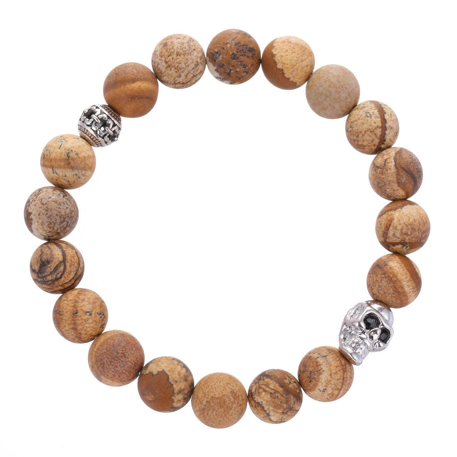 Picture Jasper Bracelet W/ Silver Skull Matte Round Size 10mm 7.5" Length Picture Jasper Bracelet W/ Silver Skull Matte Round Size 10mm 7.5" Length