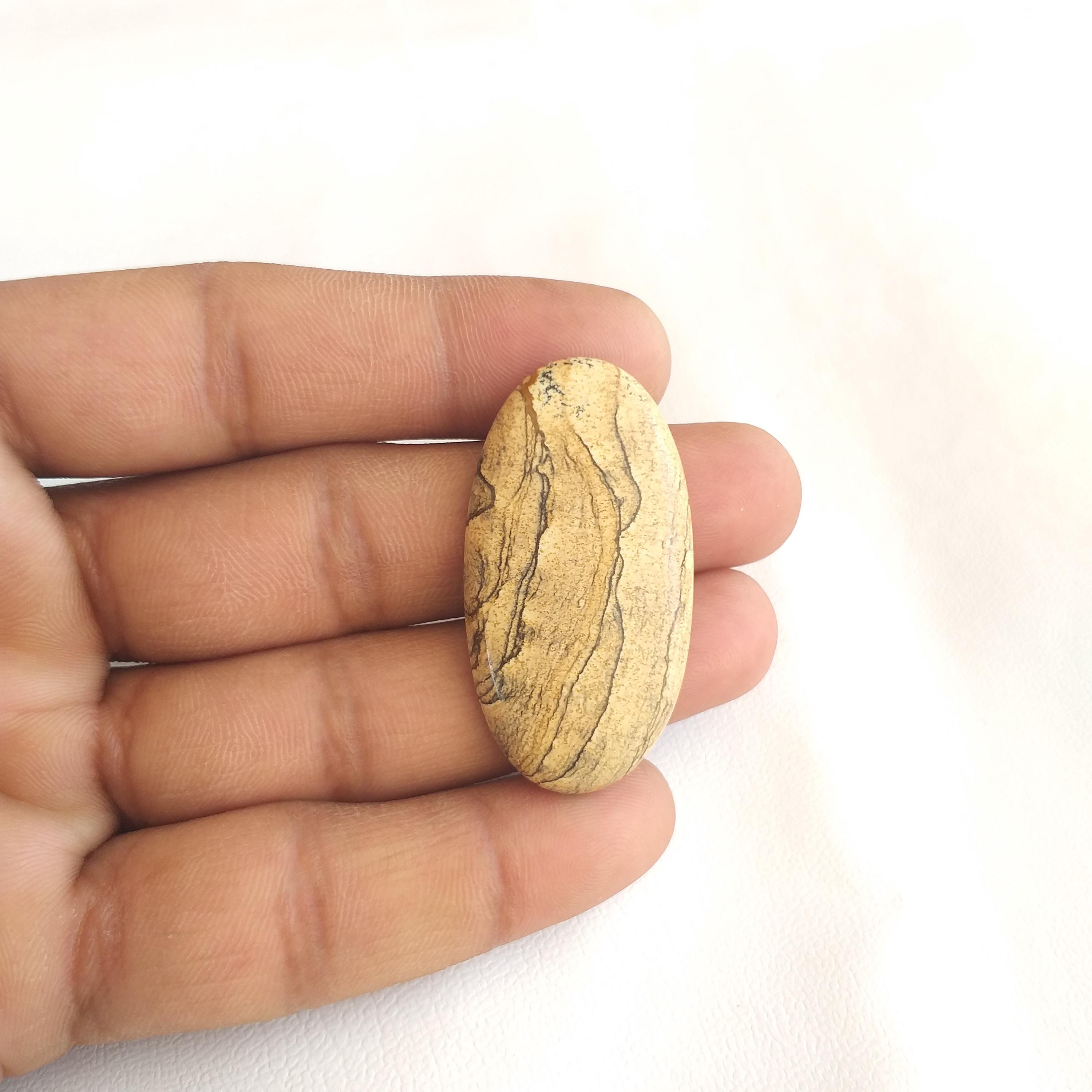 Handmade Picture Jasper Stone Cabochon: 35 Carat Oval Shape Gemstone For Jewelry (44x23x6 Mm