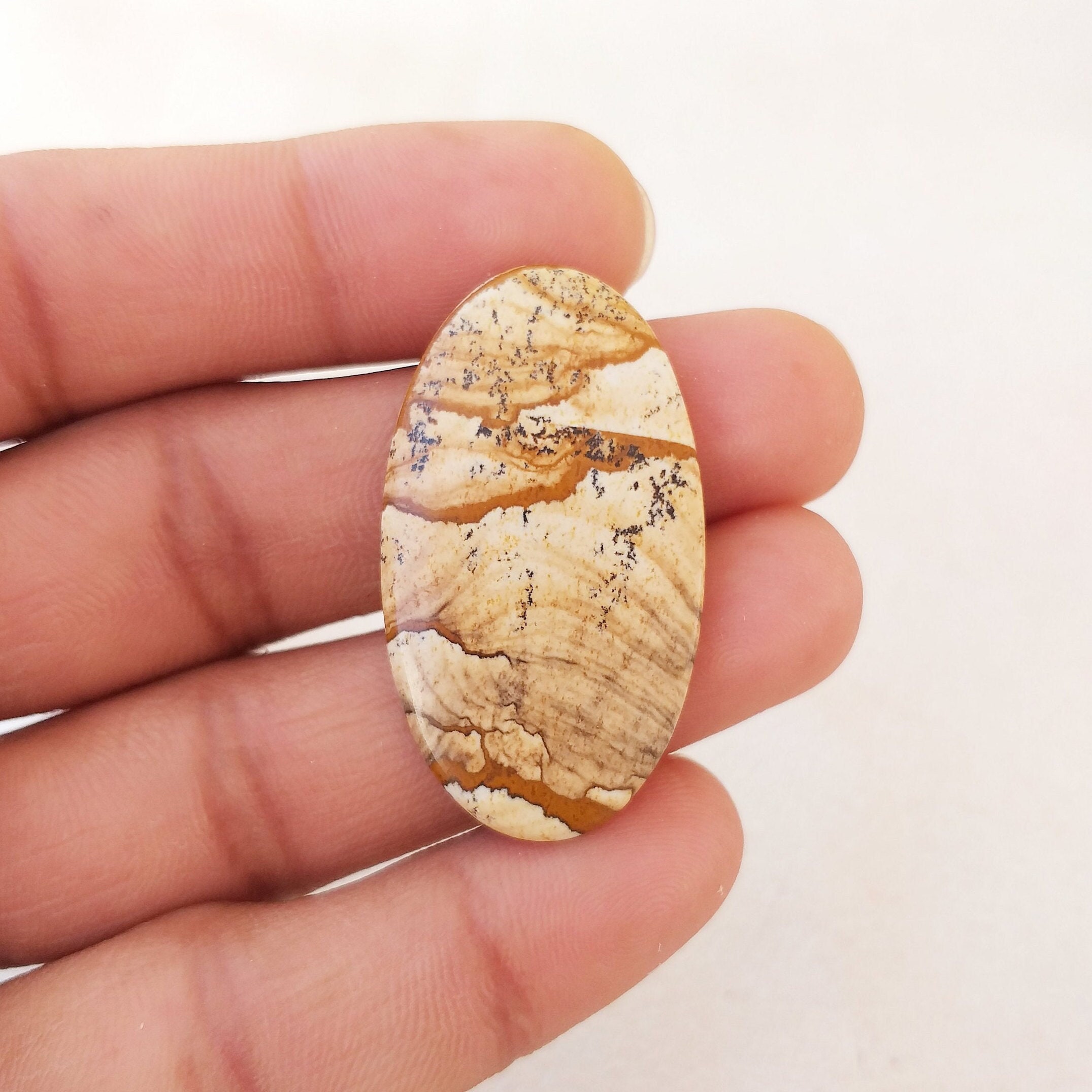 Picture Jasper Cabochon: Oval Gemstone For Pendant (41x23x4 Mm, 28.8 Carat) Picture Jasper Cabochon: Oval Gemstone For Pendant (41x23x4 Mm, 28.8 Carat)