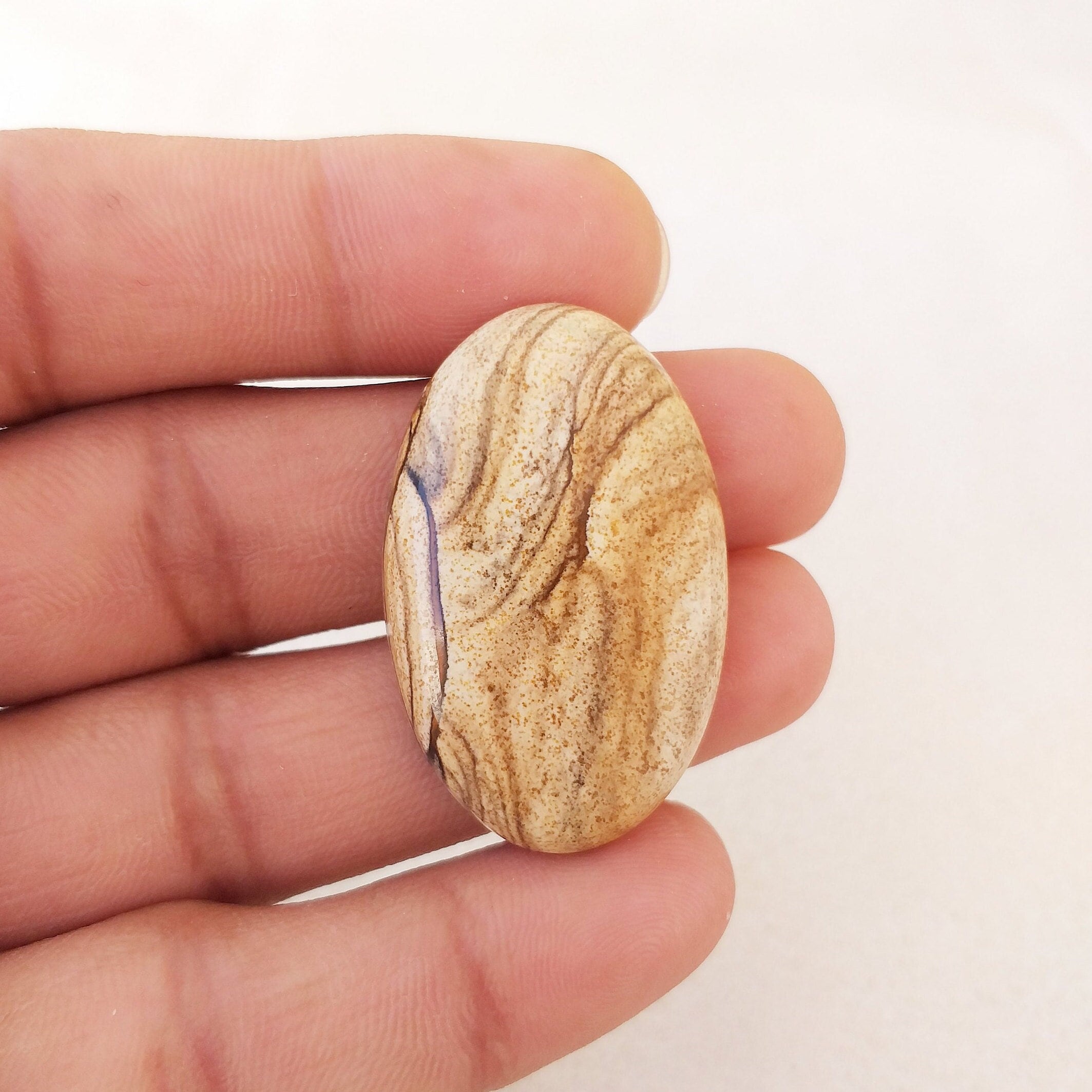 Oval Picture Jasper Cabochon: Natural Gemstone For Pendant (39x25x7 Mm, 47.3 Carat)