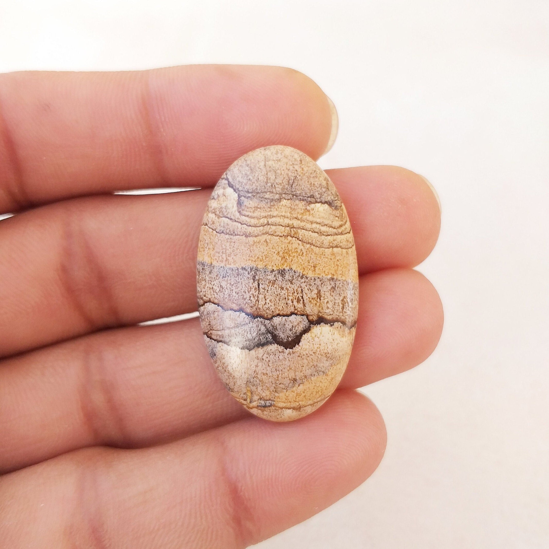 Oval Picture Jasper Cabochon: Natural Gemstone Pendant (37x22x6 Mm, 34.9 Carat