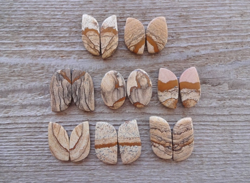 Pair Picture Jasper Cabochons, Jasper Cabochon, Natural Picture Jasper Gemstone, Hand Polished Picture Jasper Loose Stone