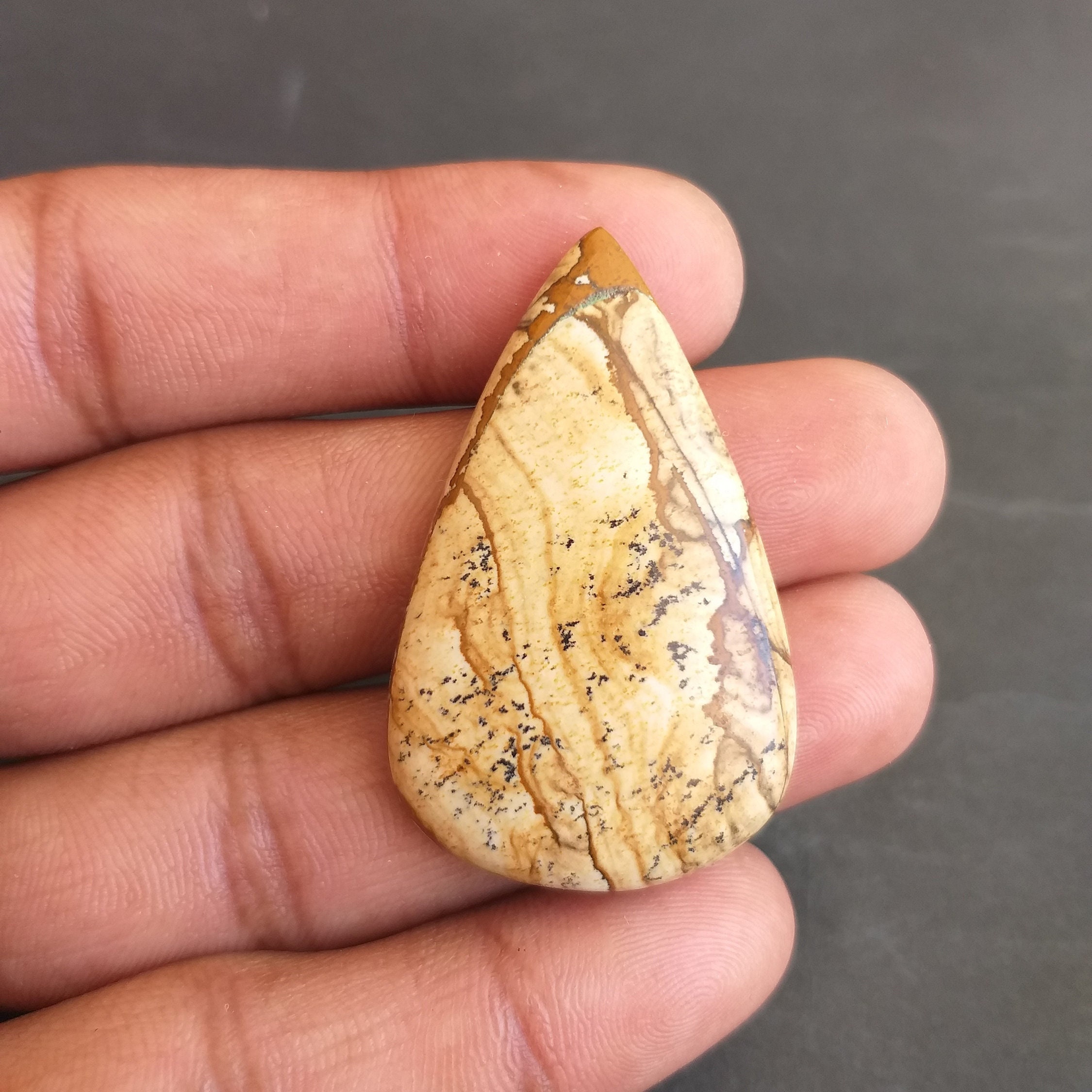 Pear Picture Jasper Cabochon: 43.7 Carat Gemstone (44x27x6 Mm) Pear Picture Jasper Cabochon: 43.7 Carat Gemstone (44x27x6 Mm)