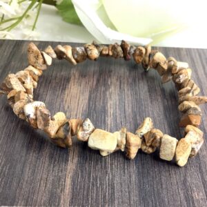 Picture Jasper Chip Bracelet, Brown Gemstone Crystal, Handmade Stretch Bracelet 7.5"