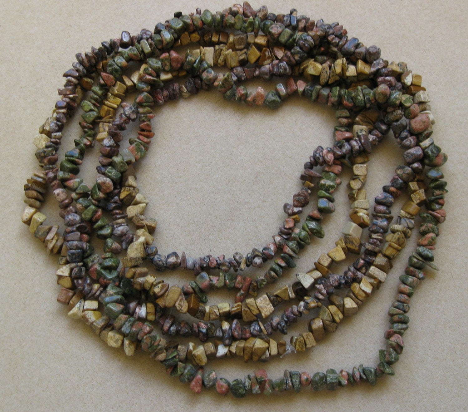 Unakite, Leopard Skin Jasper And Picture Jasper Gemstone Chip Strands - Or Ready Made Necklaces - 32 Inches Each
