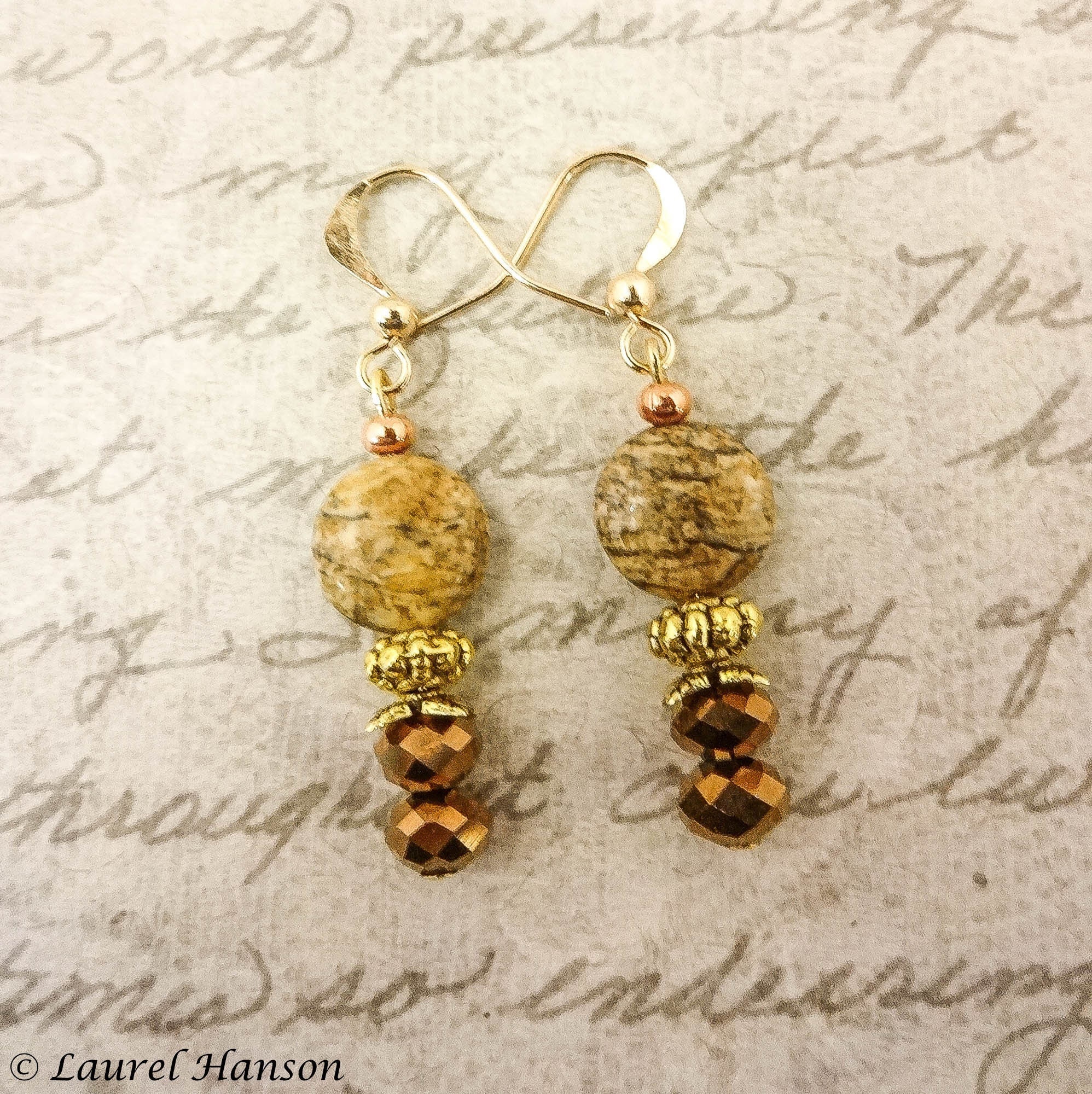 Picture Jasper Earrings: Czech Crystal, Gold Plated Surgical Steel