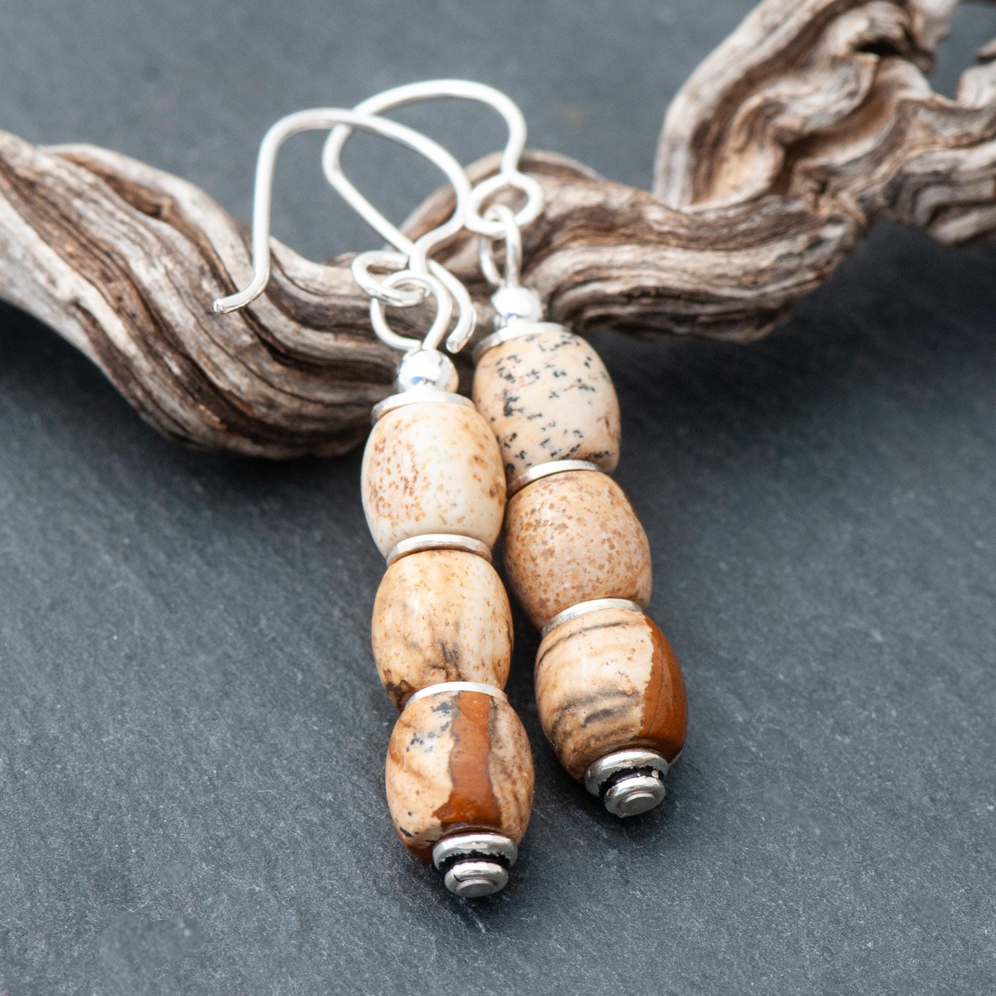 Picture Jasper Earrings, Rustic Desert Brown And Beige Natural Stone Dangles, 925 Sterling Silver Ear Wires, Nature Lover Earrings Picture Jasper Earrings, Rustic Desert Brown And Beige Natural Stone Dangles, 925 Sterling Silver Ear Wires, Nature Lover Earrings