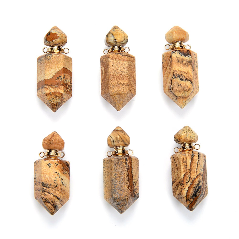 43x15mm Picture Jasper Gemstone Natural Perfume Bottle Pendant Faceted Point, Essential Oil Bottle Beads 1 Bead (80017243-p71)