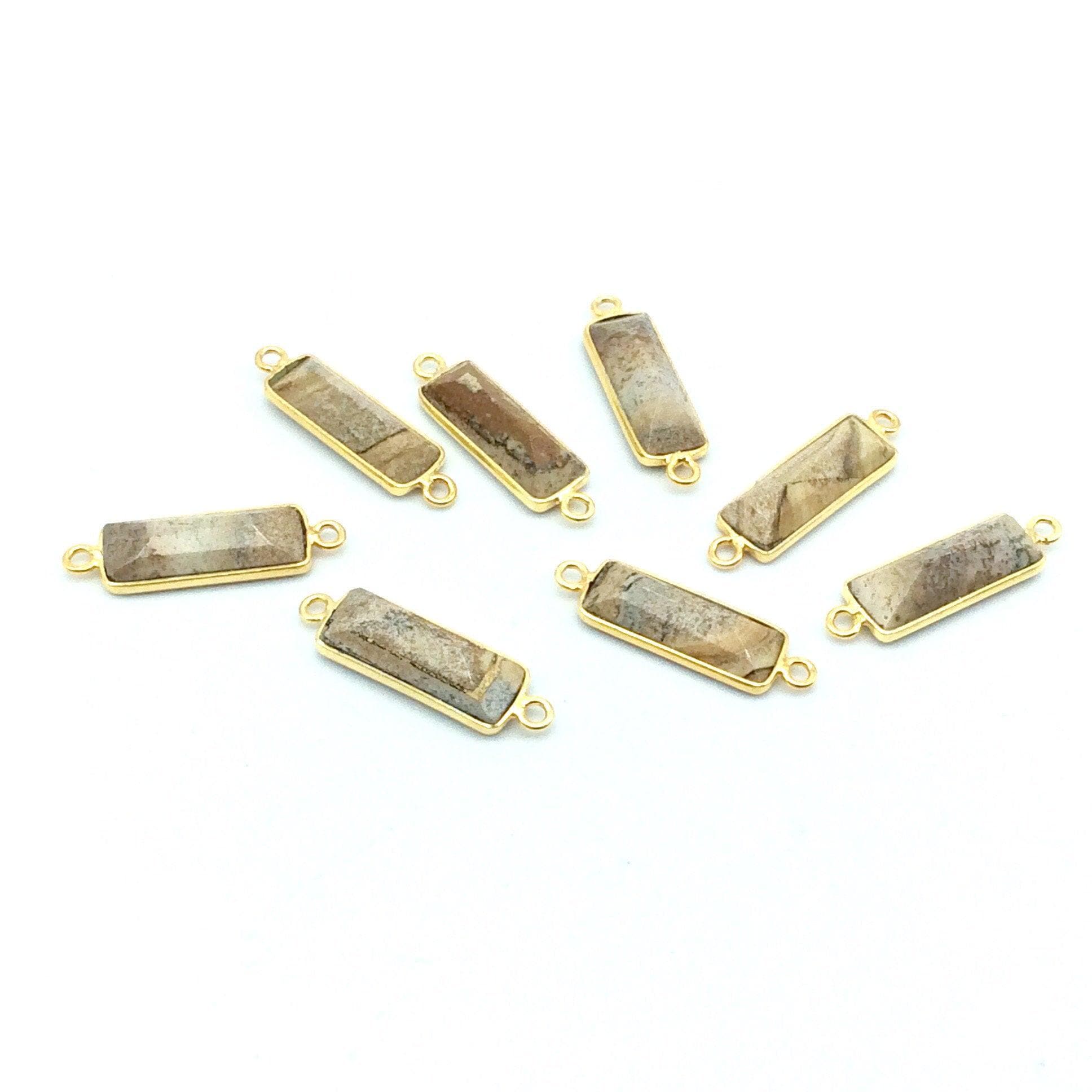 Gold Vermeil Picture Jasper Rectangle Bezel Connector (5mm X 15mm)