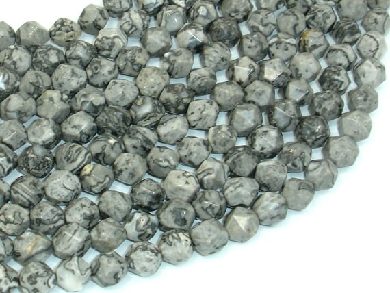 Gray Picture Jasper Beads, 8mm, Star Cut Faceted Round, 15 Inch, Full Strand, Approx 47 Beads, Hole 1mm (141186001)