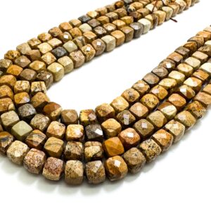 Natural Brown Picture Jasper Faceted Square Cube 7mm Gemstone Beads - Pgs121