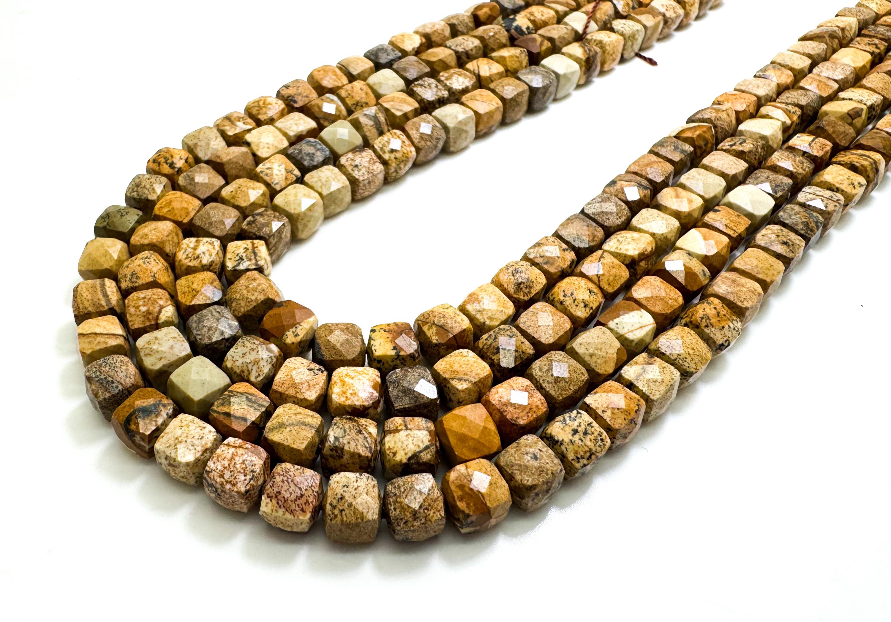 Natural Brown Picture Jasper Faceted Square Cube 7mm Gemstone Beads - Pgs121