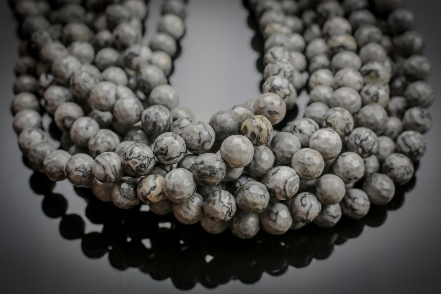 Natural Gray Picture Jasper, High Quality In Faceted Round, 6-10mm Gemstone Beads