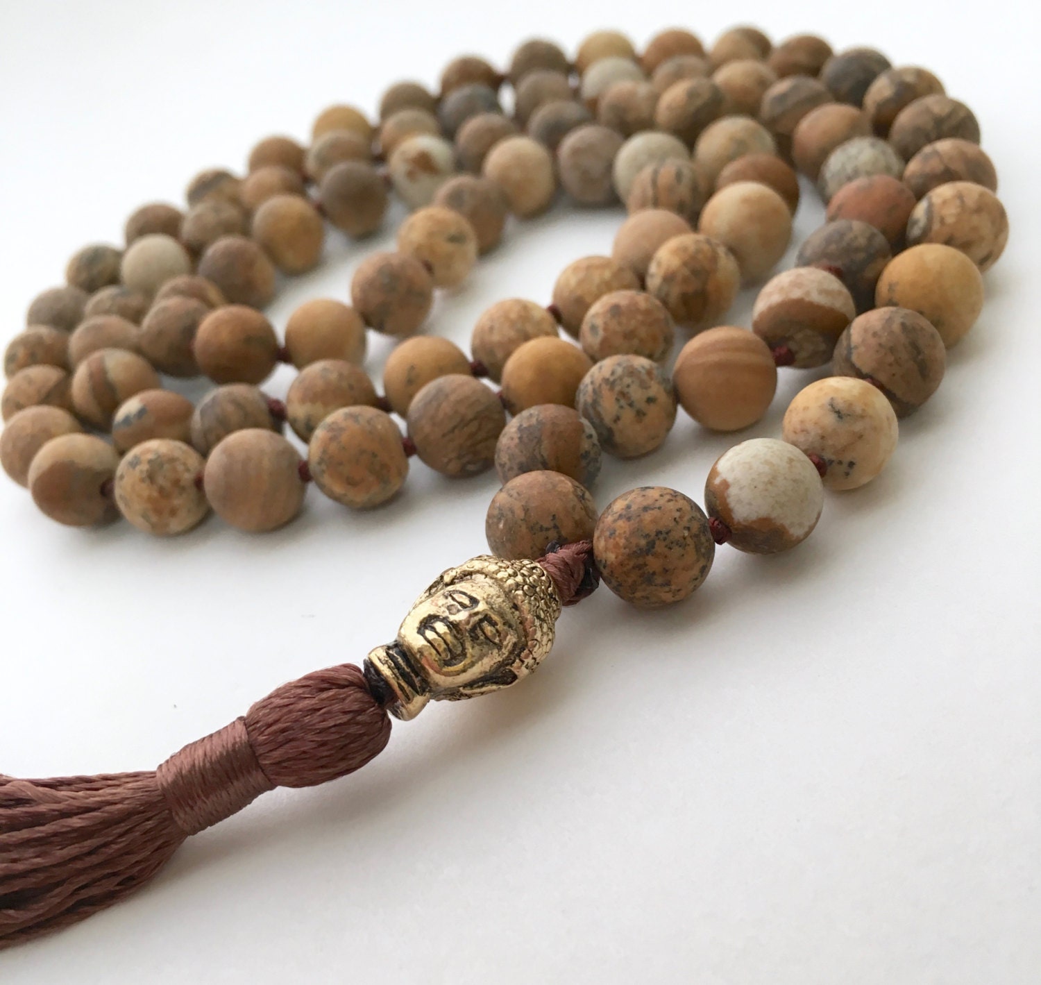 108 Mala Necklace, Picture Jasper Necklace, Matte Necklaces, Hand Knotted Necklace, Hand Knotted Mala, Meditation Jewelry, Buddhist Necklace
